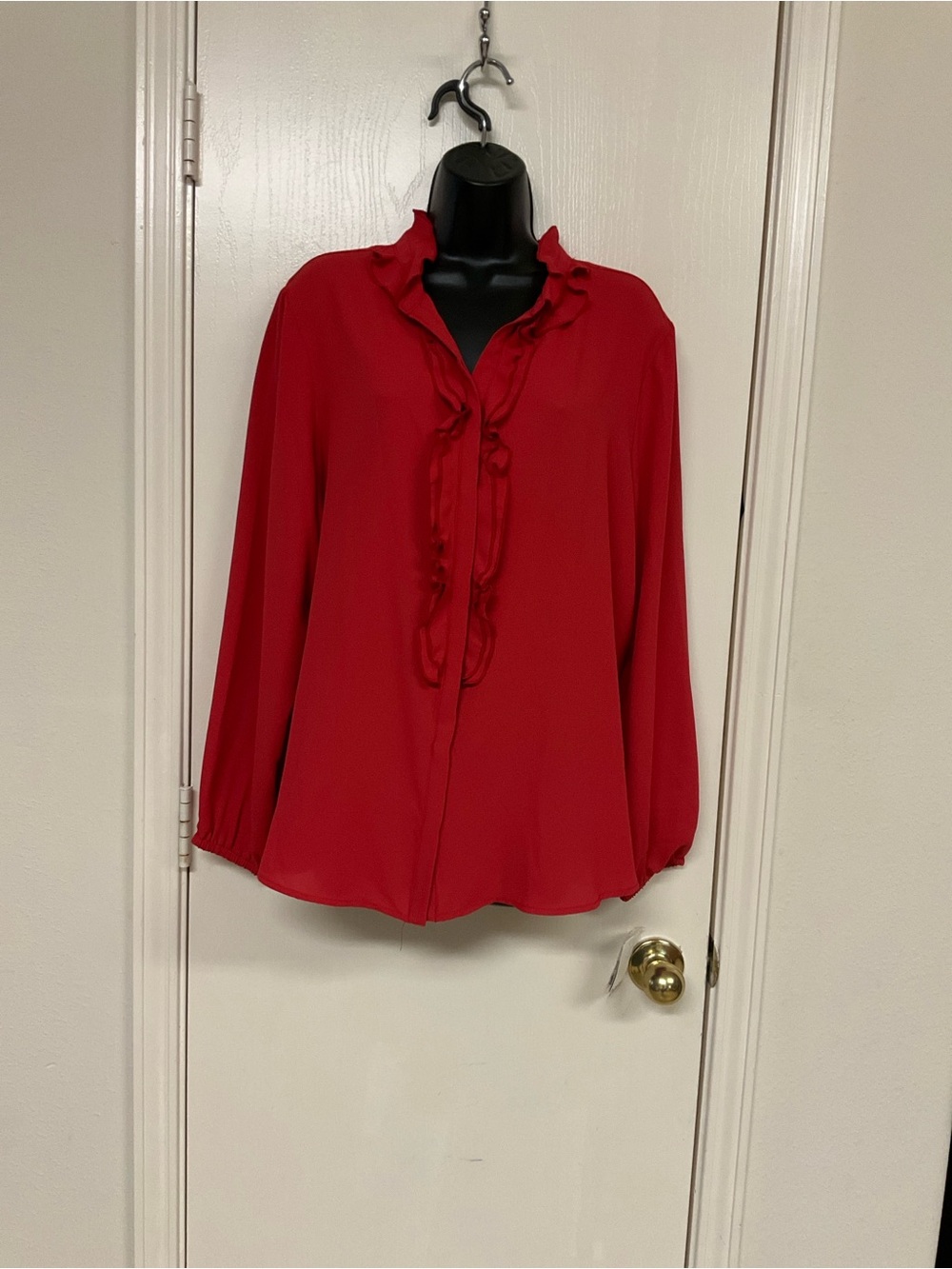 Bar III Ruffled Front Long-Sleeve Blouse in Crimson Red